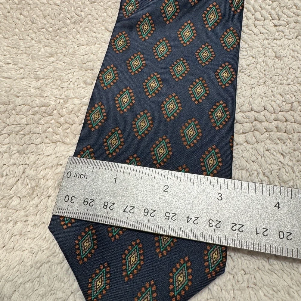 Vintage ClayBrooke Tie Blue Green Geometric Monogram Medallion Foulard Silk